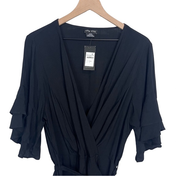 City Chic NWT Fiesta Fun Faux Wrap Ruffle Sleeve Mini Dress Black Women’s 18 - Picture 4 of 8